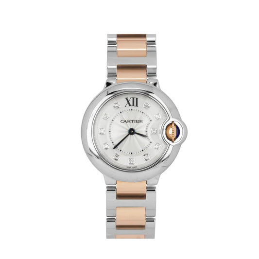 Cartier Ballon Bleu 28mm Silver Diamond Dial 2 Tone Rose Gold & Stainless Steel Watch 3009
