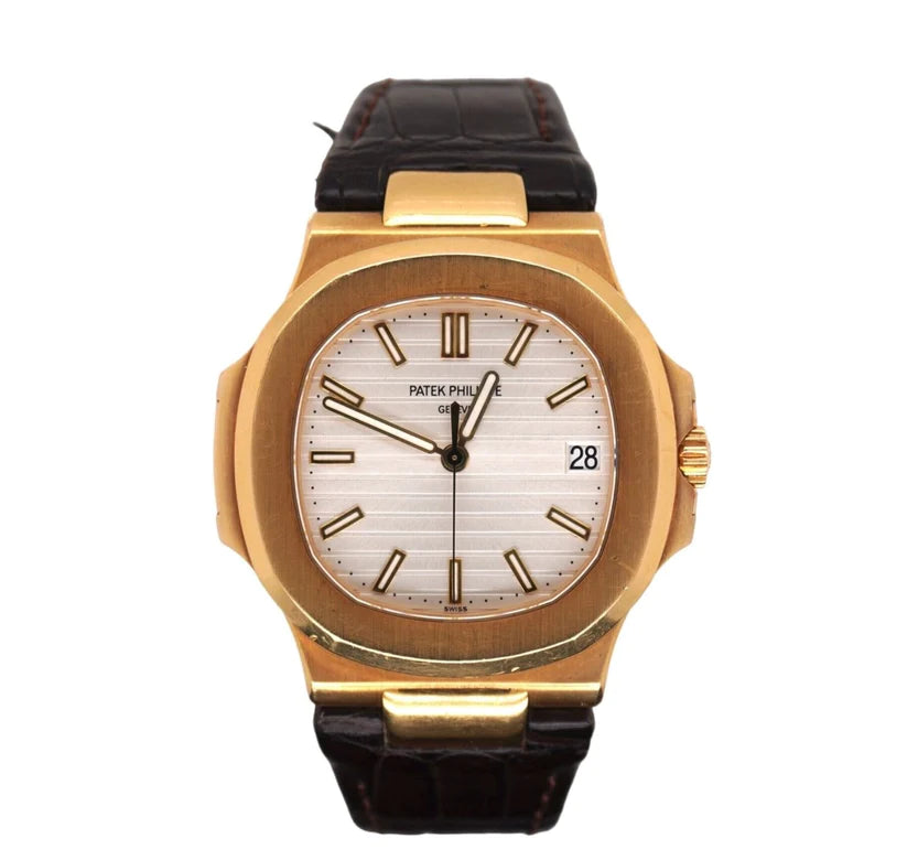 Patek Philippe 40mm Nautilus 18K Yellow Gold Leather Band White Dial Watch 5711J