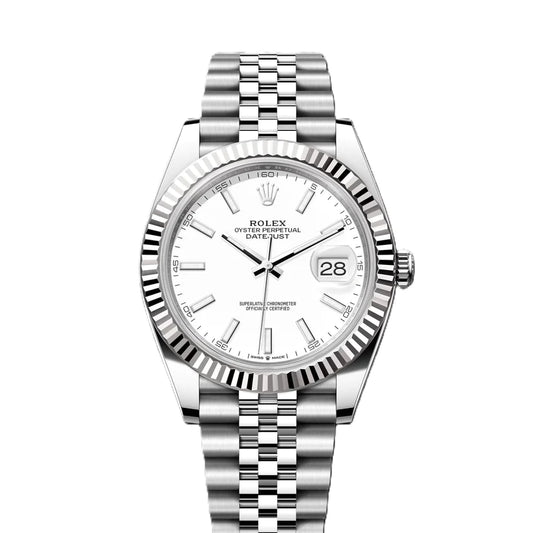 Rolex Datejust 41mm 18k White Gold Fluted Bezel White Dial Jubilee Stainless Steel Watch 126334
