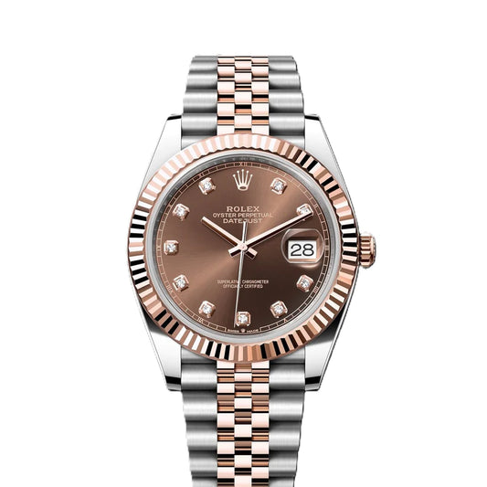 Rolex Datejust 41mm 18k Rose Gold Fluted Bezel Chocolate Diamond Dial Jubilee Steel Watch 126331