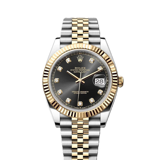 Rolex Datejust 41mm 18k Yellow Gold Fluted Bezel Black Diamond Dial Jubilee Steel Watch 126333