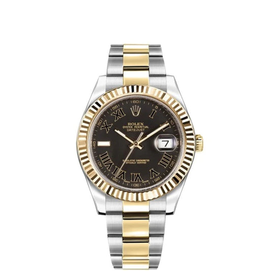 Rolex Datejust 41mm 18k Yellow Gold Fluted Bezel Black Roman Dial Oyster Steel Watch 116333