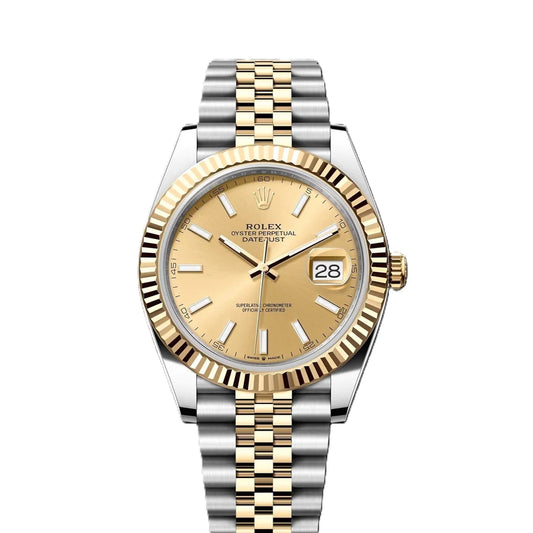 Rolex Datejust 41mm 18k Yellow Gold Fluted Bezel Champagne Dial Jubilee Steel Watch 126333