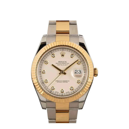 Rolex Datejust 41mm 18k Yellow Gold Fluted Bezel Ivory Diamond Dial Oyster Steel Watch 116333