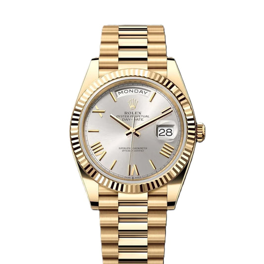 Rolex Day-Date 40 President 40mm 18k Yellow Gold Fluted Bezel Silver Dial Roman Watch 228238