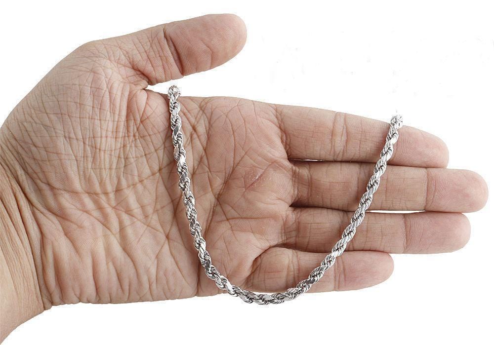 White Gold 5mm Rope Chain necklace on hand