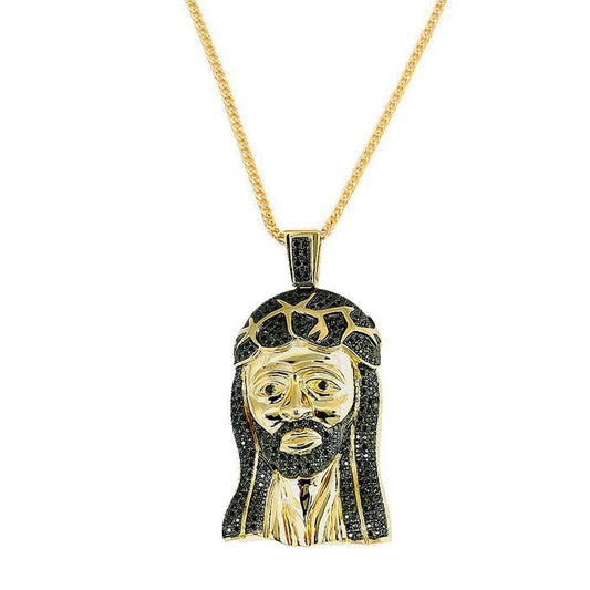14K Yellow Gold Finish 3.00CTW Black Diamond Micro Pave Jesus Face Pendant, , Jawa Jewelers, Jawa Jewelers