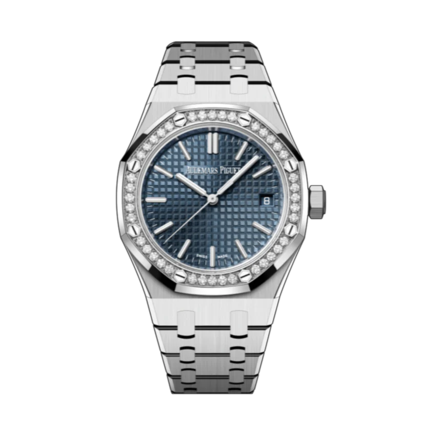 Audemars Piguet 37mm Royal Oak Blue Dial Diamond Bezel Stainless Steel Watch