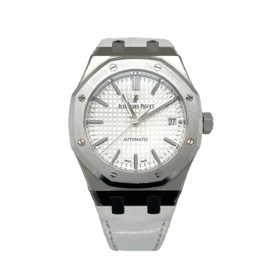 Audemars Piguet 37mm Royal Oak Silver Dial Leather Watch 15450ST