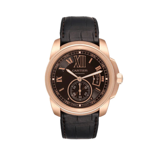 Cartier Calibre 42mm 18k Rose Gold Case & Buckle Brown Dial Black Leather Strap Watch W7100007