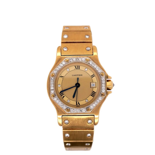 Cartier Santos 26mm Quartz Gold Dial 18k Yellow Gold Watch 0287