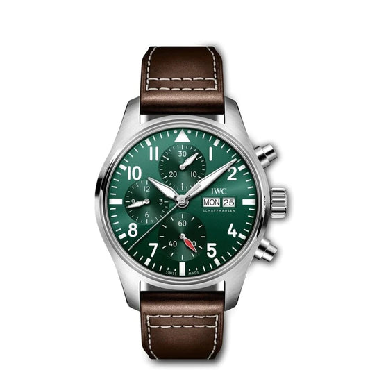 IWC Schaffhausen Pilot's 41mm Green Dial Chronograph Leather Strap Watch IW388103