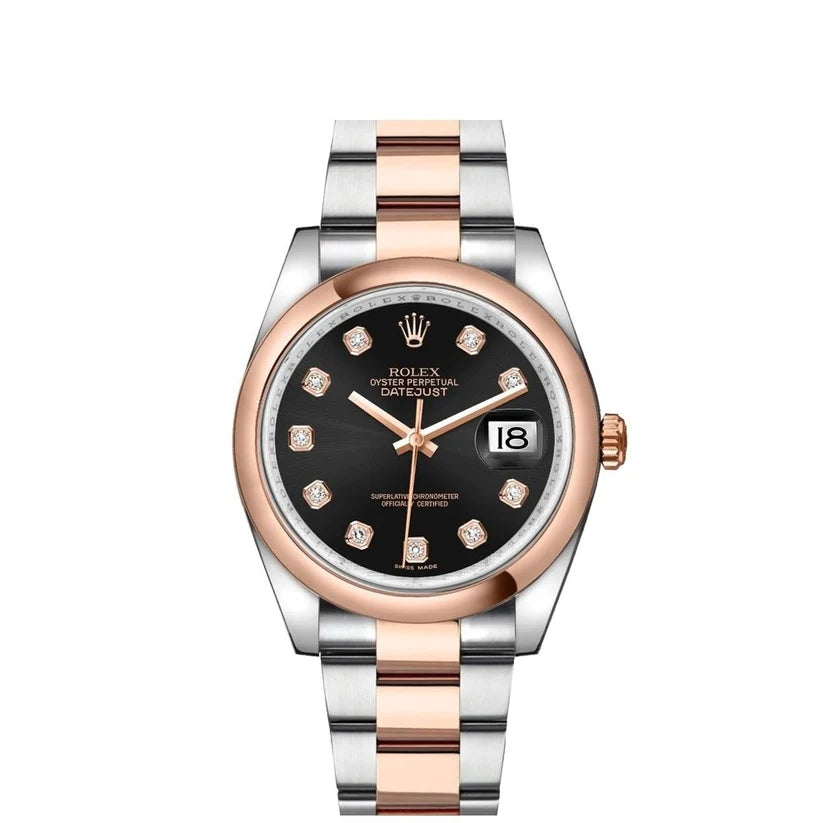 Rolex Datejust 36mm 2 Tone 18k Rose Gold Black Diamond Dial Smooth Bezel Oyster Stainless Steel Watch 116201