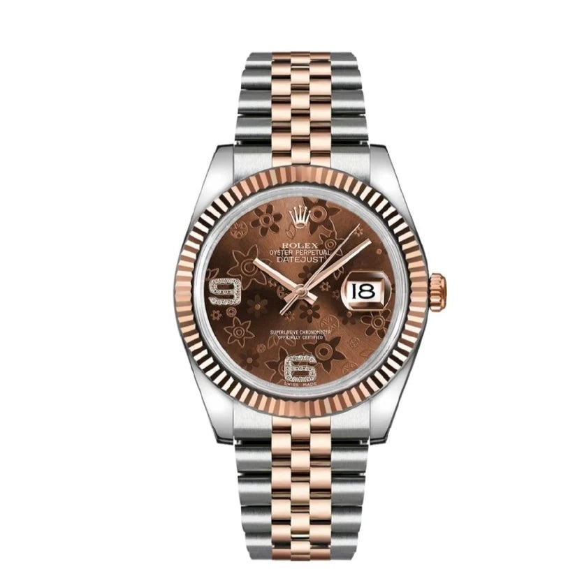 Rolex Datejust 36mm 18k Rose Gold Chocolate Floral Motif Diamond Dial Fluted Bezel Jubilee Stainless Steel Watch 116231