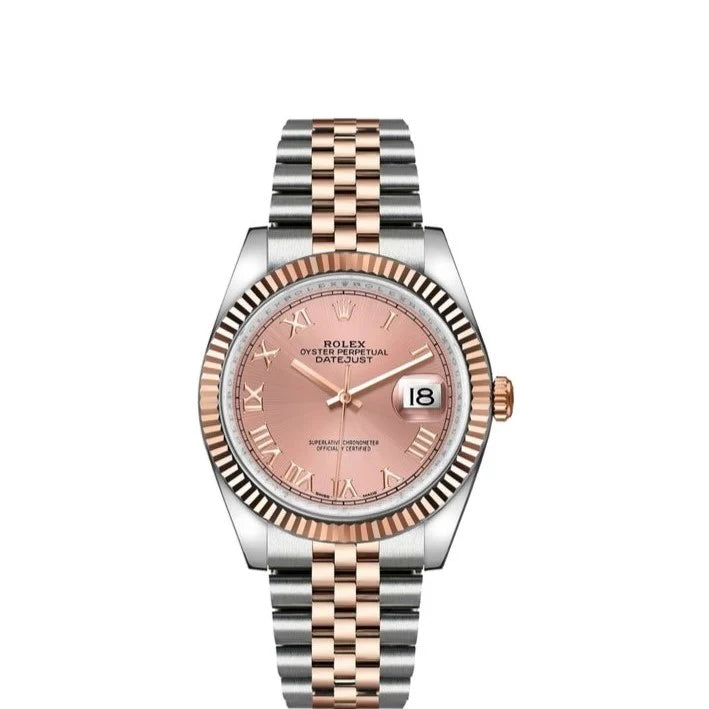 Rolex Datejust 36mm 2 Tone 18k Rose Gold Pink Sundust Dial Fluted Bezel Jubilee Stainless Steel Watch 116231