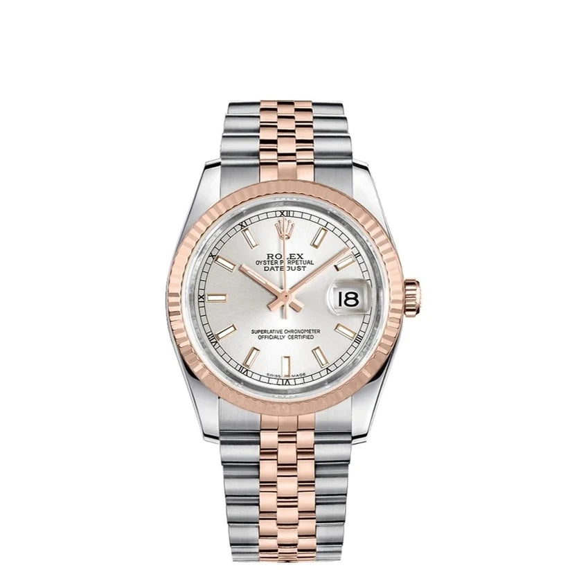 Rolex Datejust 36mm 2 Tone 18k Rose Gold Silver Dial Fluted Bezel Jubilee Stainless Steel Watch 116231