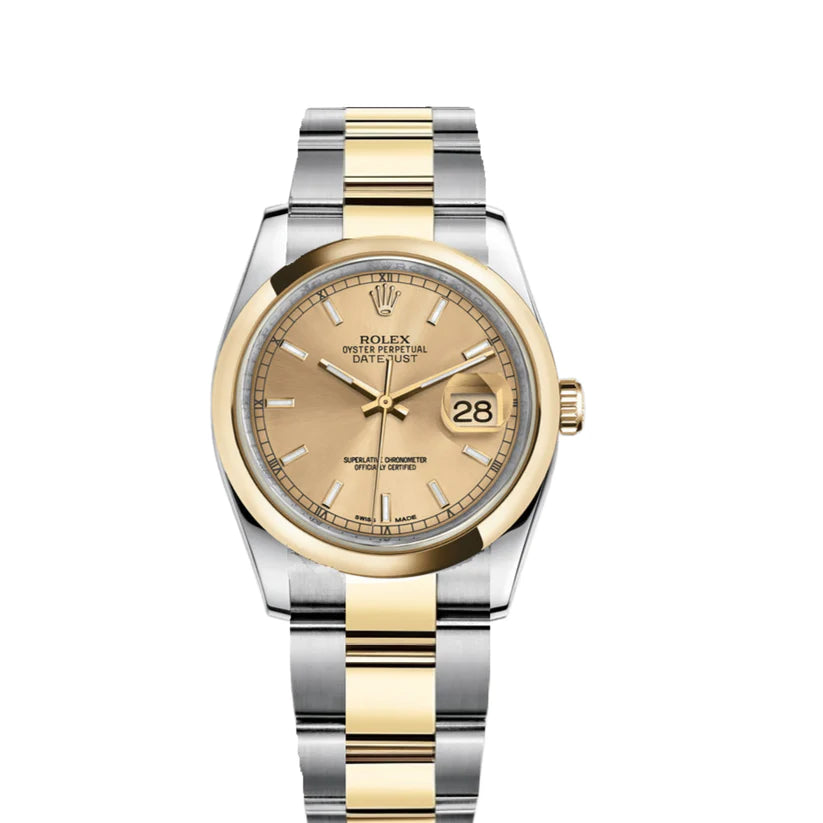 Rolex Datejust 36mm 2 Tone 18k Yellow Gold Champagne Dial Gold Bezel Oyster Steel Watch 116203