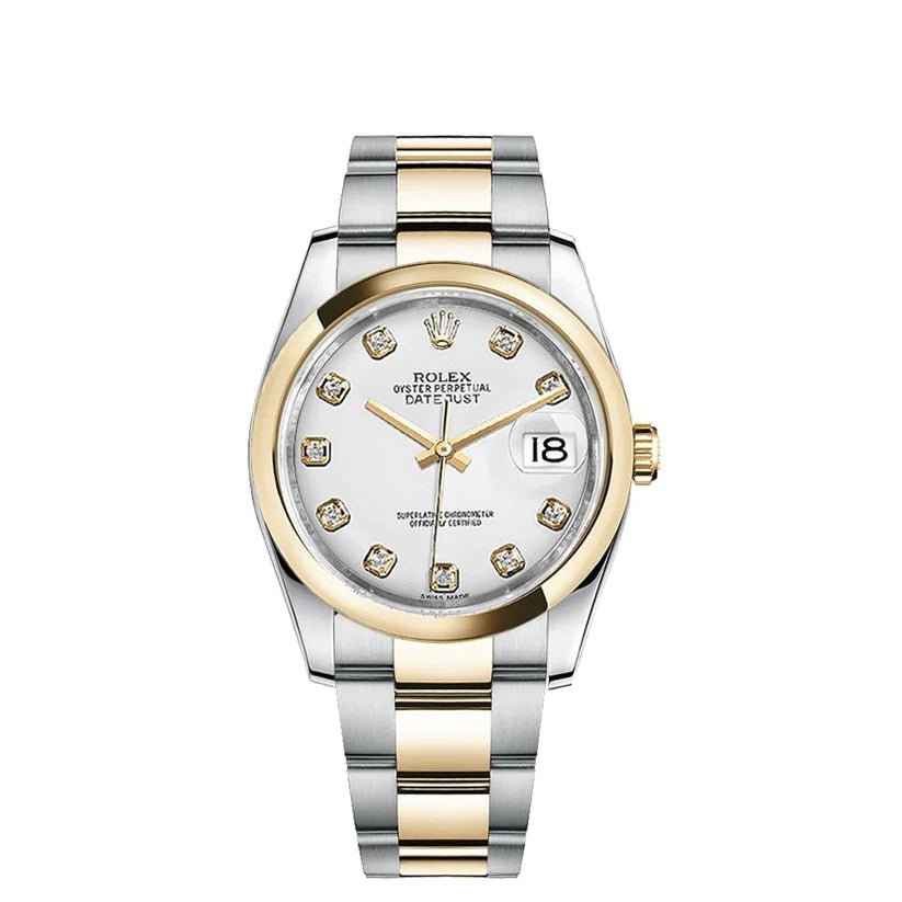 Rolex Datejust 36mm 2 Tone 18k Yellow Gold White Diamond Dial Gold Bezel Oyster Stainless Steel Watch 116203