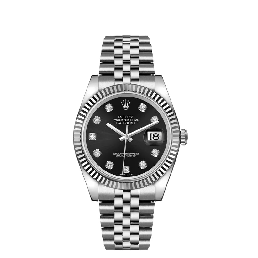 Rolex Datejust 36mm 18k White Gold Fluted Bezel Black Diamond Dial Jubilee Stainless Steel Watch 116234