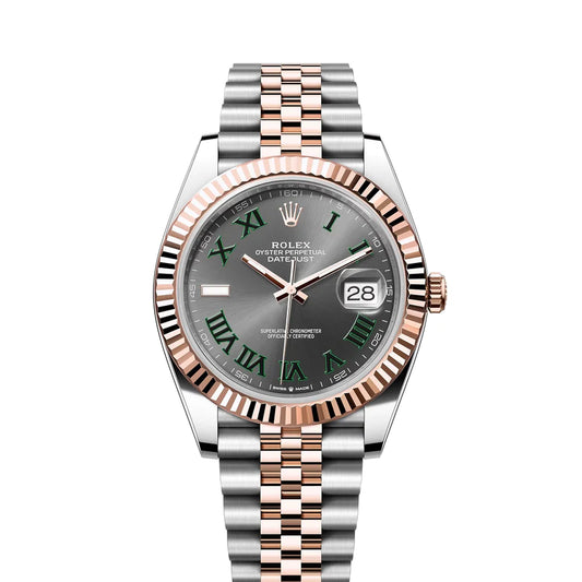 Rolex Datejust II 41mm 18k Rose Gold Fluted Bezel Slate Gray Wimbledon Dial Jubilee Stainless Steel Watch 126331