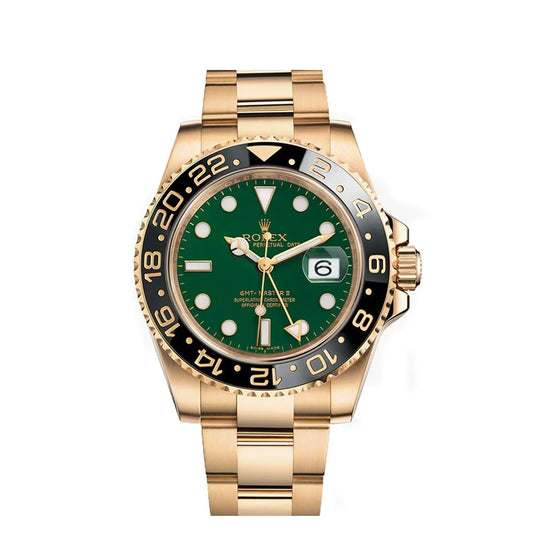 Rolex GMT-Master II 40mm 18k Yellow Gold Green Dial Ceramic Bezel Watch 116718