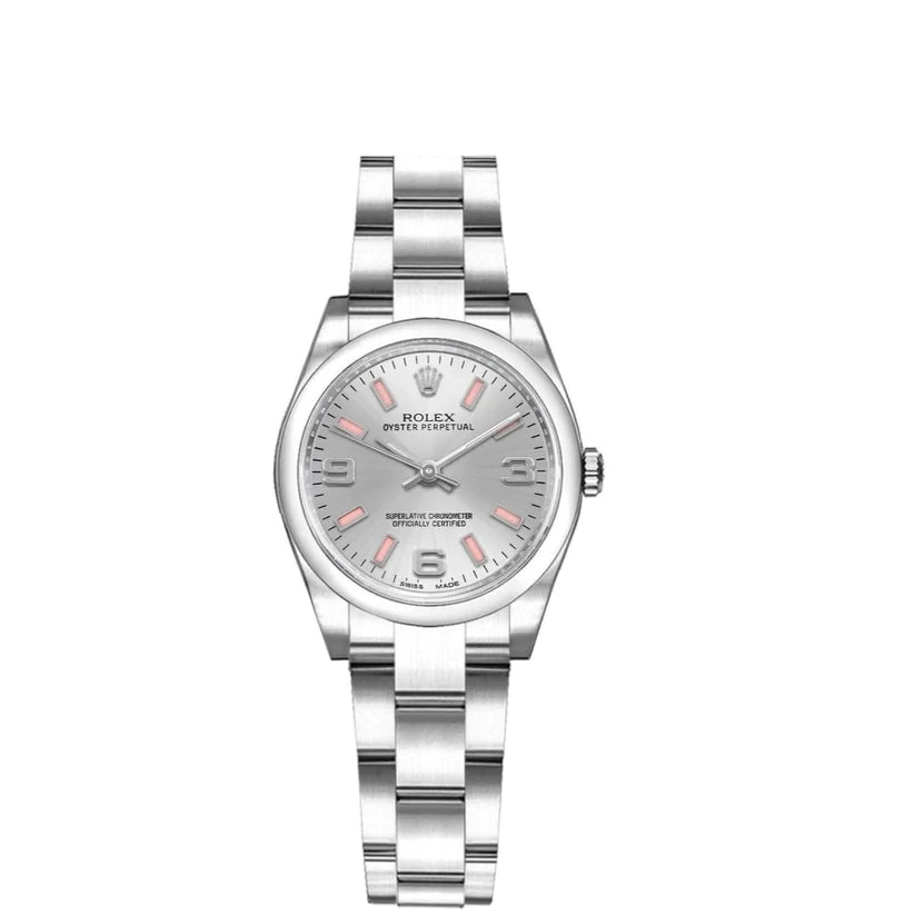 Rolex Oyster Perpetual 26mm Silver Dial Pink Index Watch 176200