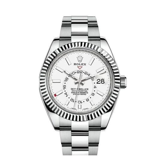 Rolex Sky-Dweller 42mm 18k White Gold Bezel White Dial Steel Watch 326934