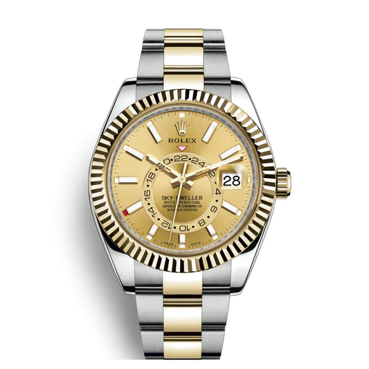 Rolex Sky-Dweller 42mm Yellow Gold Steel Champagne Dial Watch 326933