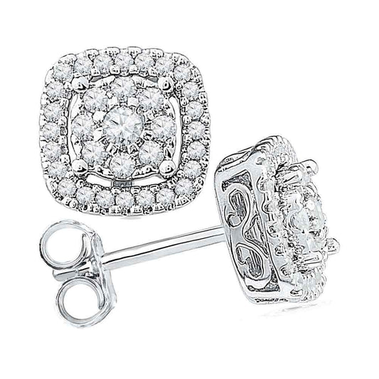 10kt White Gold Womens Round Diamond Framed Square Cluster Screwback Earrings 1/2 Cttw