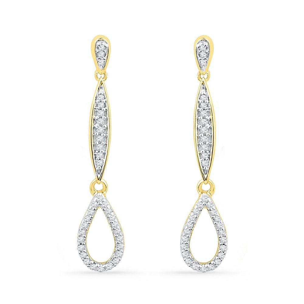 10kt Yellow Gold Womens Round Diamond Slender Teardrop Dangle Earrings 1/5 Cttw