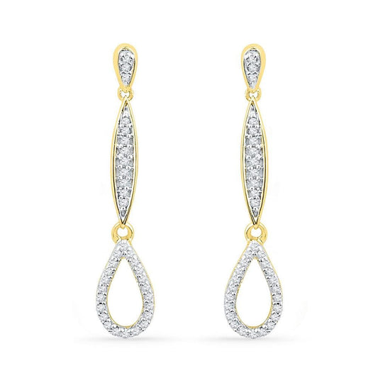 10kt Yellow Gold Womens Round Diamond Slender Teardrop Dangle Earrings 1/5 Cttw