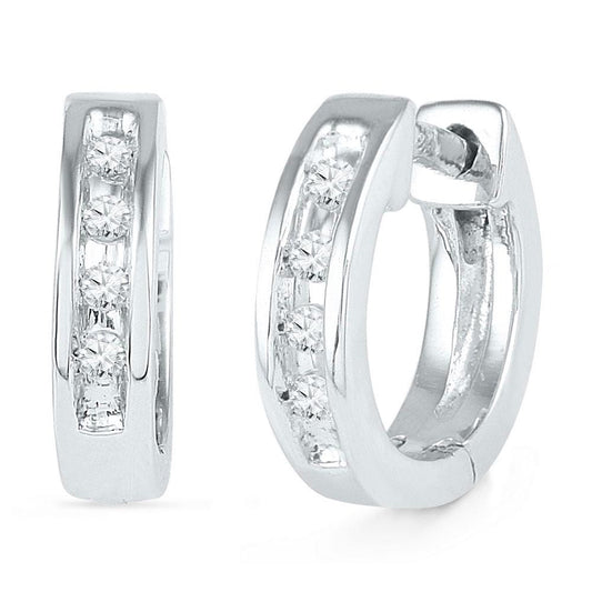 10kt White Gold Womens Round Diamond Single Row Huggie Earrings 1/20 Cttw