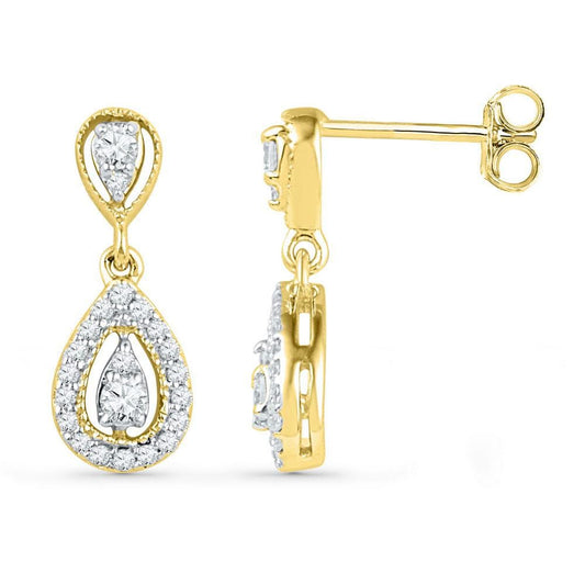 10kt Yellow Gold Womens Round Diamond Teardrop Dangle Screwback Earrings 1/3 Cttw