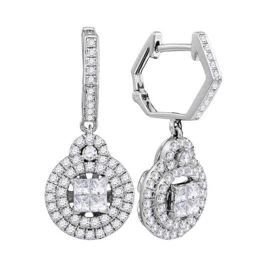 14kt White Gold Womens Princess Diamond Double Circle Frame Dangle Earrings 1.00 Cttw