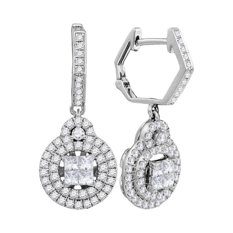14kt White Gold Womens Princess Diamond Double Circle Frame Dangle Earrings 1.00 Cttw