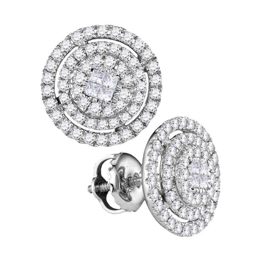 14kt White Gold Womens Princess Diamond Concentric Soleil Cluster Screwback Earrings 1/2 Cttw