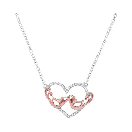 10K White Gold Womens Round Diamond Heart Rose-tone Lovebirds Pendant Necklace 1/10 Cttw