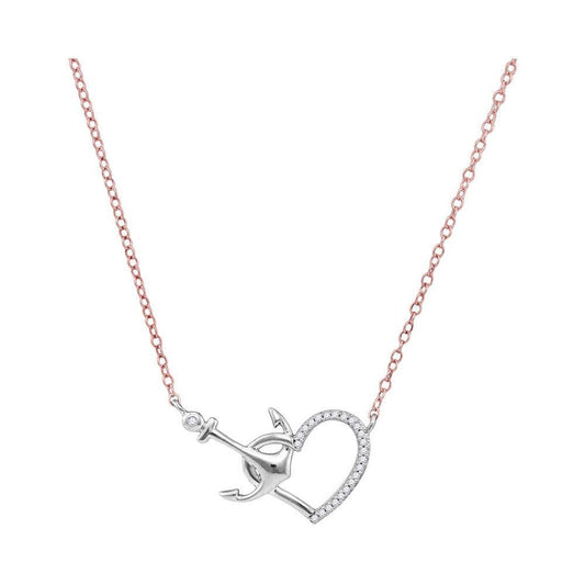 10K White Gold Womens Round Diamond Heart & Anchor Pendant Necklace 1/12 Cttw