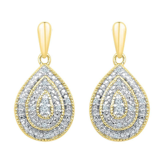 10kt Yellow Gold Womens Round Diamond Milgrain Teardrop Screwback Dangle Earrings 1/10 Cttw