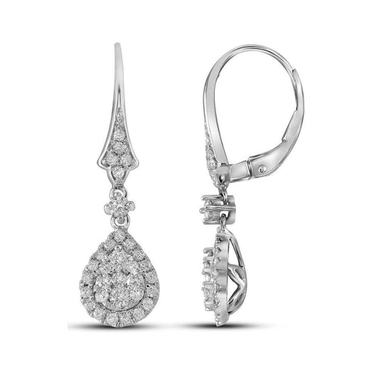 14kt White Gold Womens Round Diamond Teardrop Cluster Dangle Earrings 7/8 Cttw