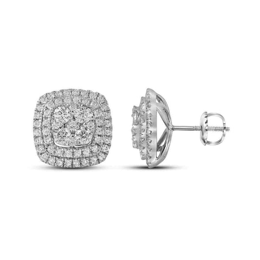 14kt White Gold Womens Round Diamond Double Square Frame Cluster Earrings 1-1/2 Cttw