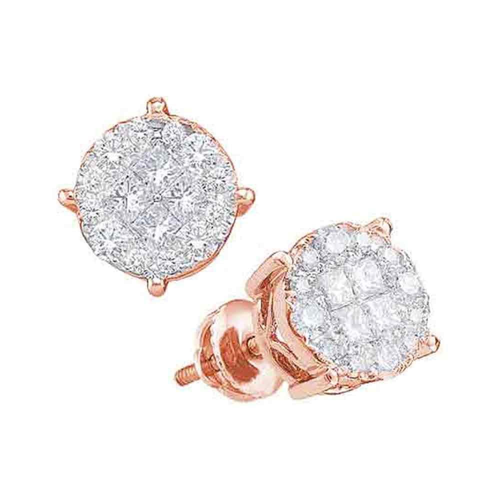 14kt Rose Gold Womens Princess Round Diamond Soleil Cluster Earrings 1/2 Cttw