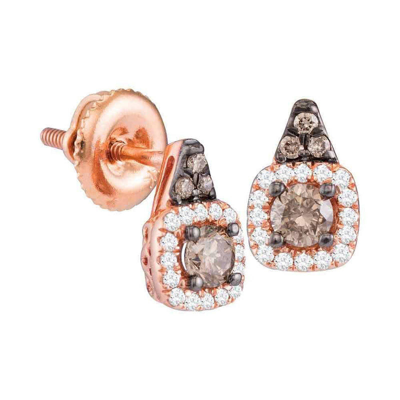 14kt Rose Gold Womens Round Cognac-brown Color Enhanced Diamond Solitaire Square Frame Earrings 3/8 Cttw