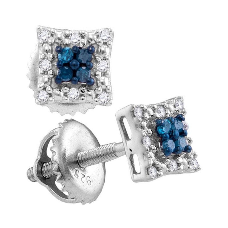 Sterling Silver Womens Round Blue Color Enhanced Diamond Square Cluster Screwback Earrings 1/10 Cttw