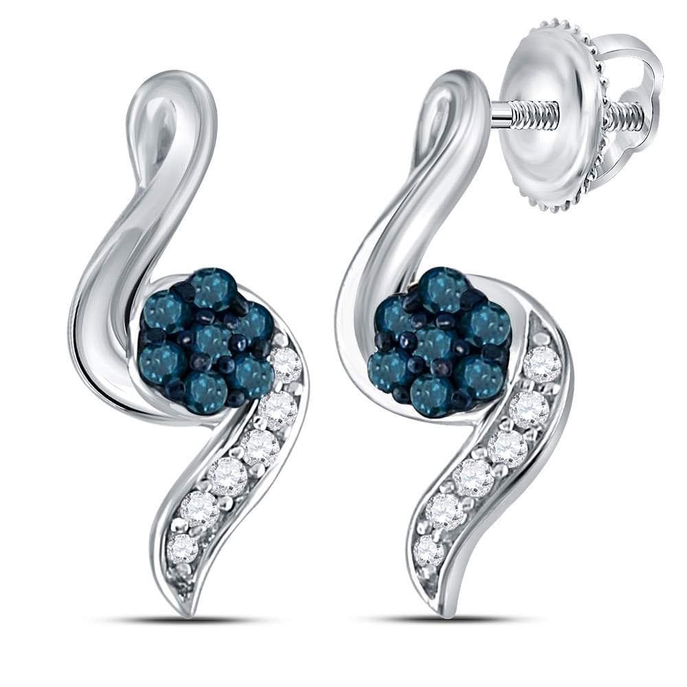 Sterling Silver Womens Round Blue Color Enhanced Diamond Cluster Stud Earrings 1/5 Cttw