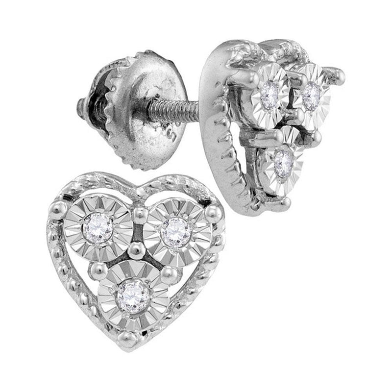 Sterling Silver Womens Round Diamond Heart Frame Stud Earrings 1/20 Cttw