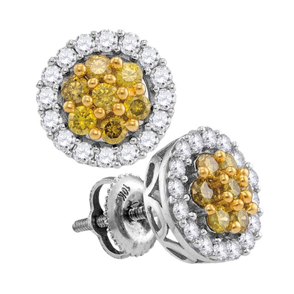 10kt White Gold Womens Round Yellow Diamond Cluster Screwback Earrings 1.00 Cttw