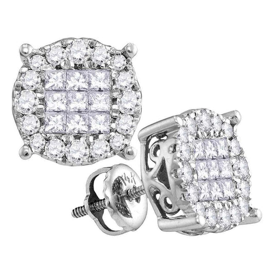 14kt White Gold Womens Princess Round Diamond Soleil Cluster Stud Earrings 1/4 Cttw