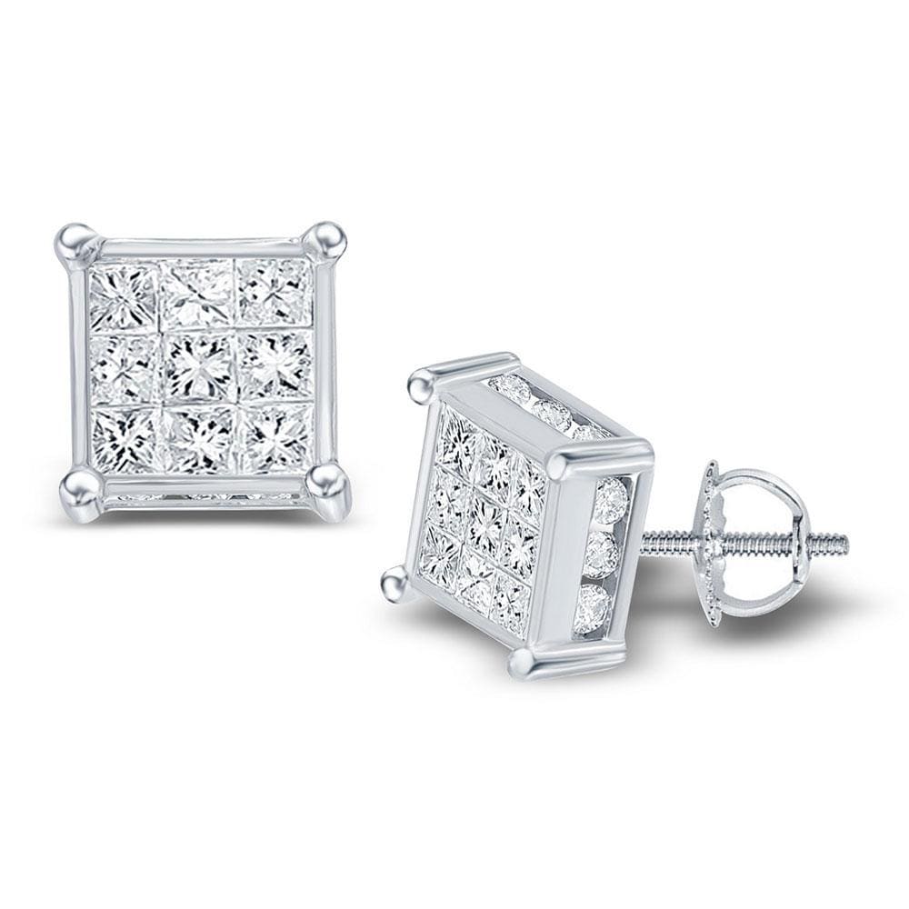 14kt White Gold Womens Princess Diamond Cluster Stud Earrings 7/8 Cttw