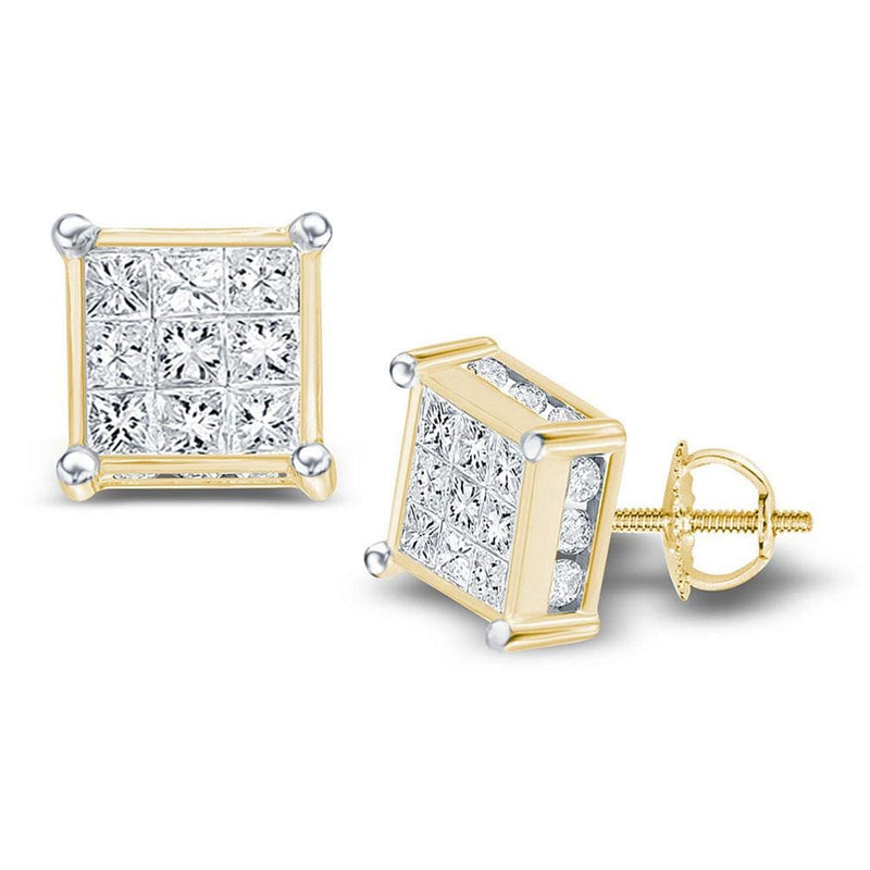 14kt Yellow Gold Womens Princess Diamond Cluster Stud Earrings 1/4 Cttw